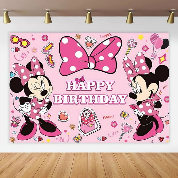 Minnie Cartoon Theme Birthday Flag Background Banner Children's Party Decoration supplies Photography Photo Prop ,70.8x43.3inch.