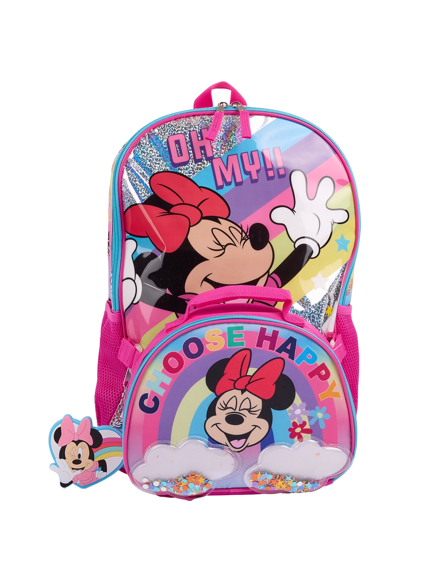 Disney Minnie Mouse Girls "Choose Happy" Rainbow 17" 2-Piece Backpack & Lunch Set, Pink