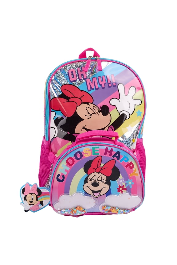 Disney Minnie Mouse Girls "Choose Happy" Rainbow 17" 2-Piece Backpack & Lunch Set, Pink