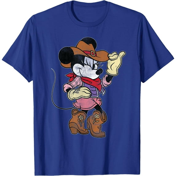 Minnie Mouse Cowgirl Western Vintage Look DTG Print Unisex T-Shirt,Royal Blue Color,Size 3T