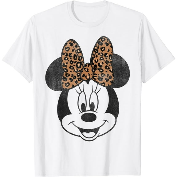 Minnie Mouse Distressed Vintage Leopard Bow Portrait DTG Print Unisex T-Shirt,White Color,Size XL