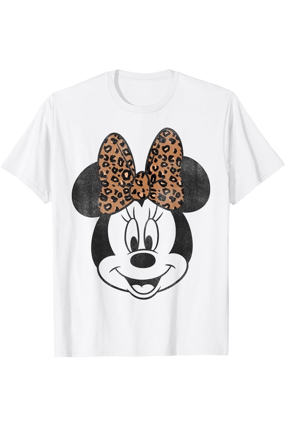 Minnie Mouse Distressed Vintage Leopard Bow Portrait DTG Print Unisex T-Shirt,White Color,Size XL