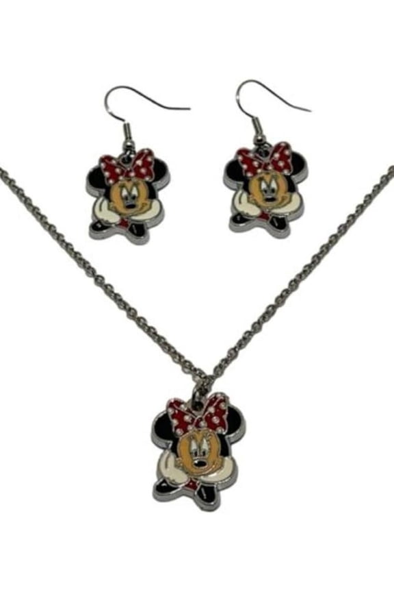 Minnie Mouse Enamel Metal Pendant Necklace with Matching Earring Set