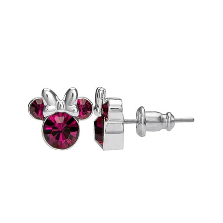 Minnie Mouse Feburary Birthstone Jewelry, Silver Plated Crystal Stud Earrings