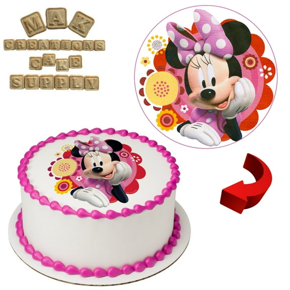 Minnie Mouse Flowers 8" Round Edible Cake Topper ~ Can be used on 8", 9" or 10" Cakes