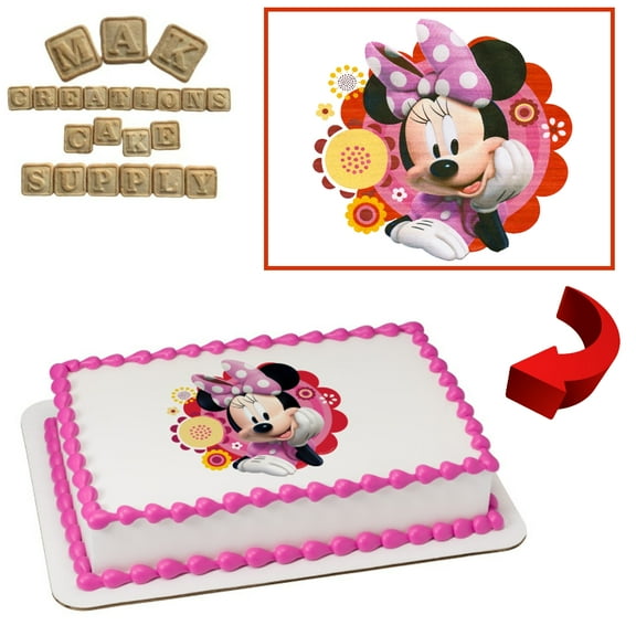 Minnie Mouse Flowers Edible  1/4 Sheet Cake topper - Can also be used on a 1/2 Sheet with room to decorate!