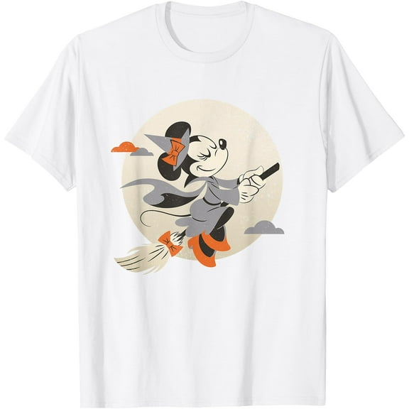 Minnie Mouse Flying Witch Halloween DTG Print Unisex T-Shirt,White Color,Size L