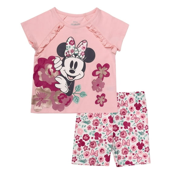 Minnie Mouse Girls 2 Piece Shorts and Short Sleeve T-Shirt Set Pale Pink, 3T