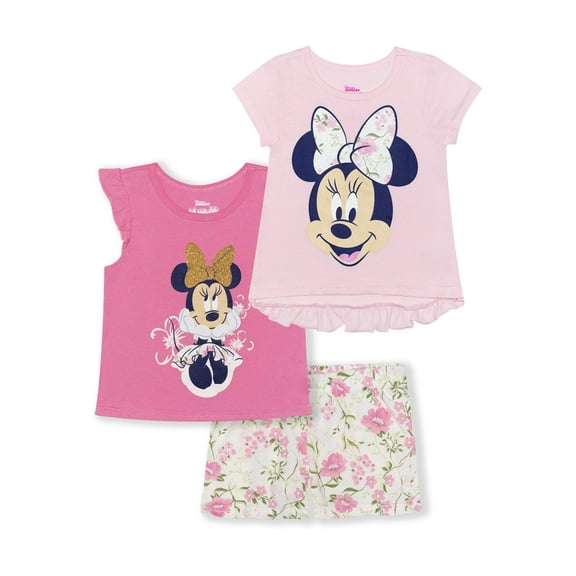 Minnie Mouse Girls 4-6X Short Sleeve and Flutter Sleeve Tee With Printed Short, 3-Piece Outfit Set