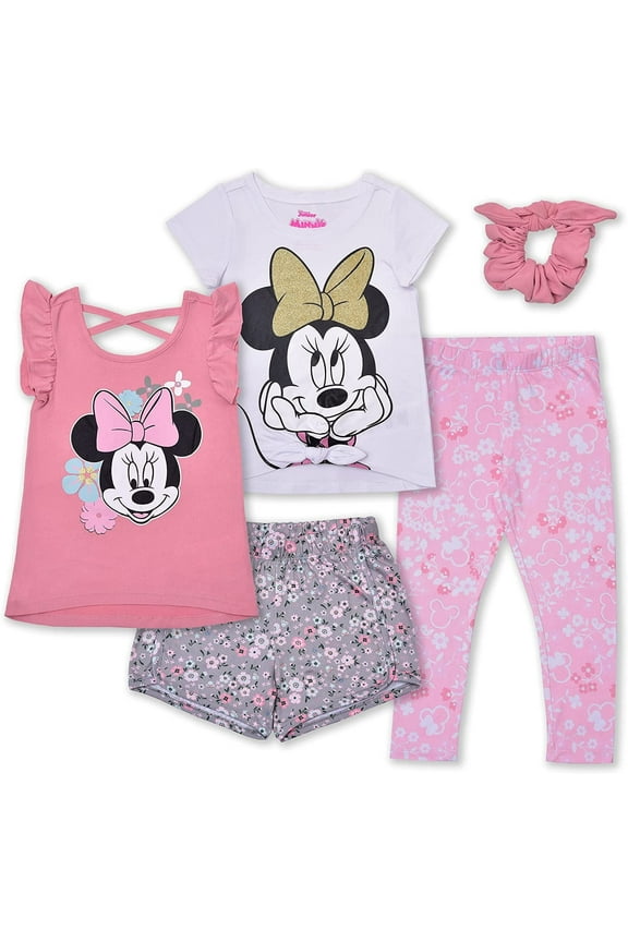 Girls 4 Piece 2 Short Sleeve Tee Short and Legging Set with Scrunchie, Toddler