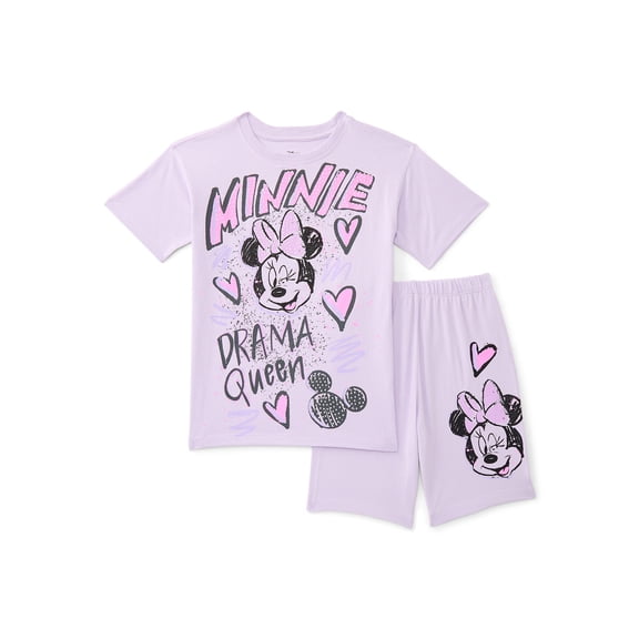 Minnie Mouse Girls Rhinestones Graffiti Graphic Boyfriend Tee with Rhinestones and Bike Shorts Set, 2-Piece, Sizes 4-16