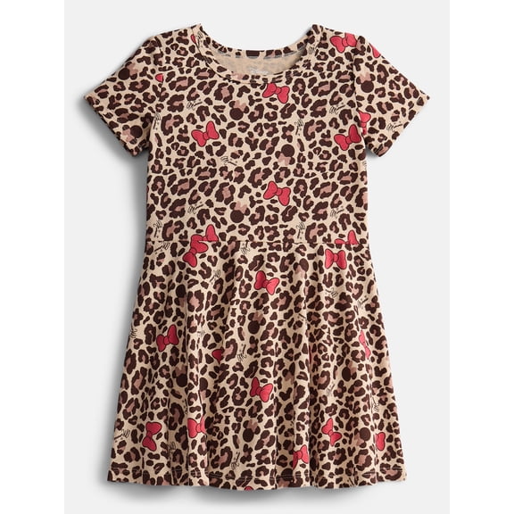Minnie Mouse Girls Leopard Print Skater Dress with Short Sleeves, Sizes 4-12