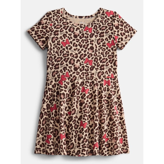 Minnie Mouse Girls Leopard Print Skater Dress with Short Sleeves, Sizes 4-12