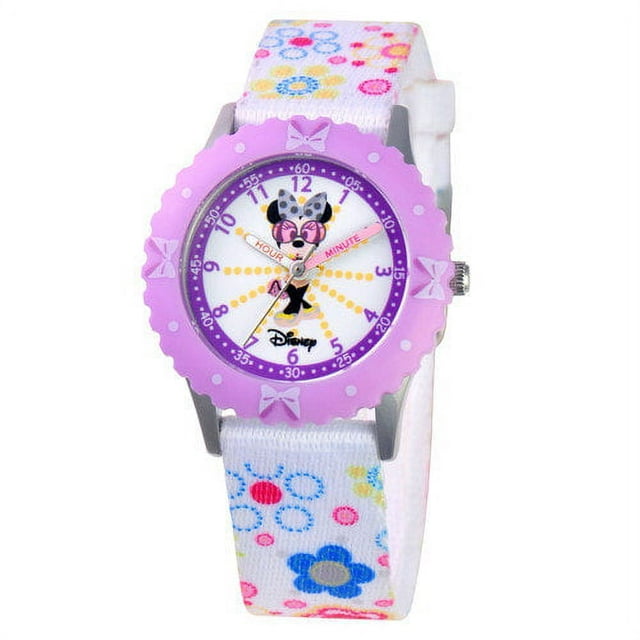 Minnie Mouse Girls' Stainless Steel Time Teacher Watch, Purple Bezel, Printed Strap