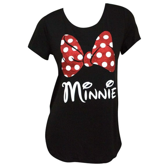 Minnie Mouse Glitter Bow Women's Black TShirt-XLarge