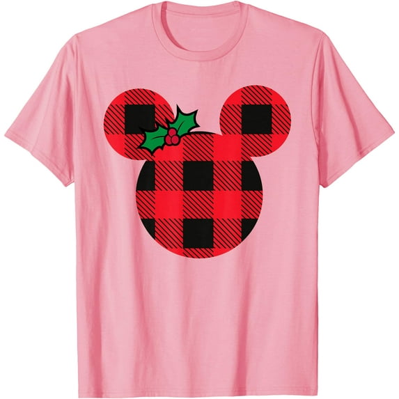 Minnie Mouse Icon Holiday Plaid with Holly Christmas DTG Print Unisex T-Shirt,Light Pink Color,Size 3T