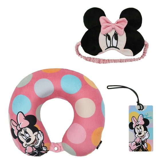 Minnie Mouse Kids Travel Set with Neck Pillow Eye Mask and Luggage Tag - Disney Magic on the Go!