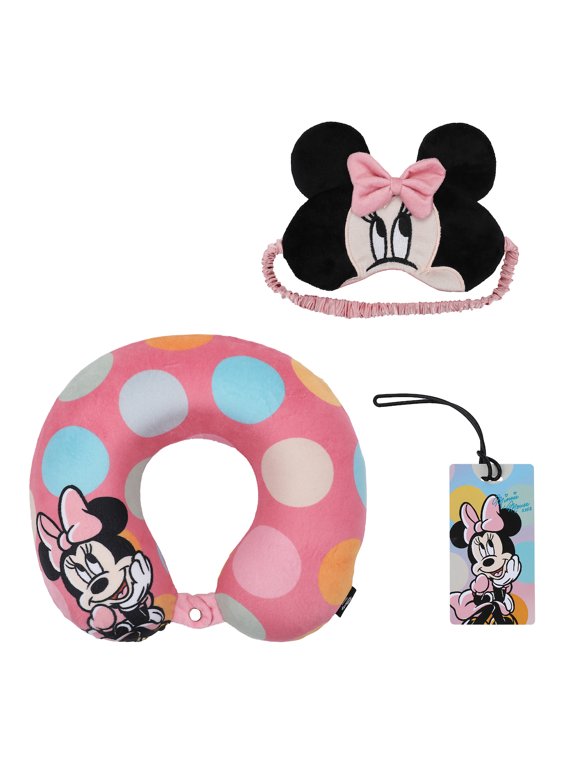 Minnie Mouse Kids Travel Set with Neck Pillow Eye Mask and Luggage Tag - Disney Magic on the Go!