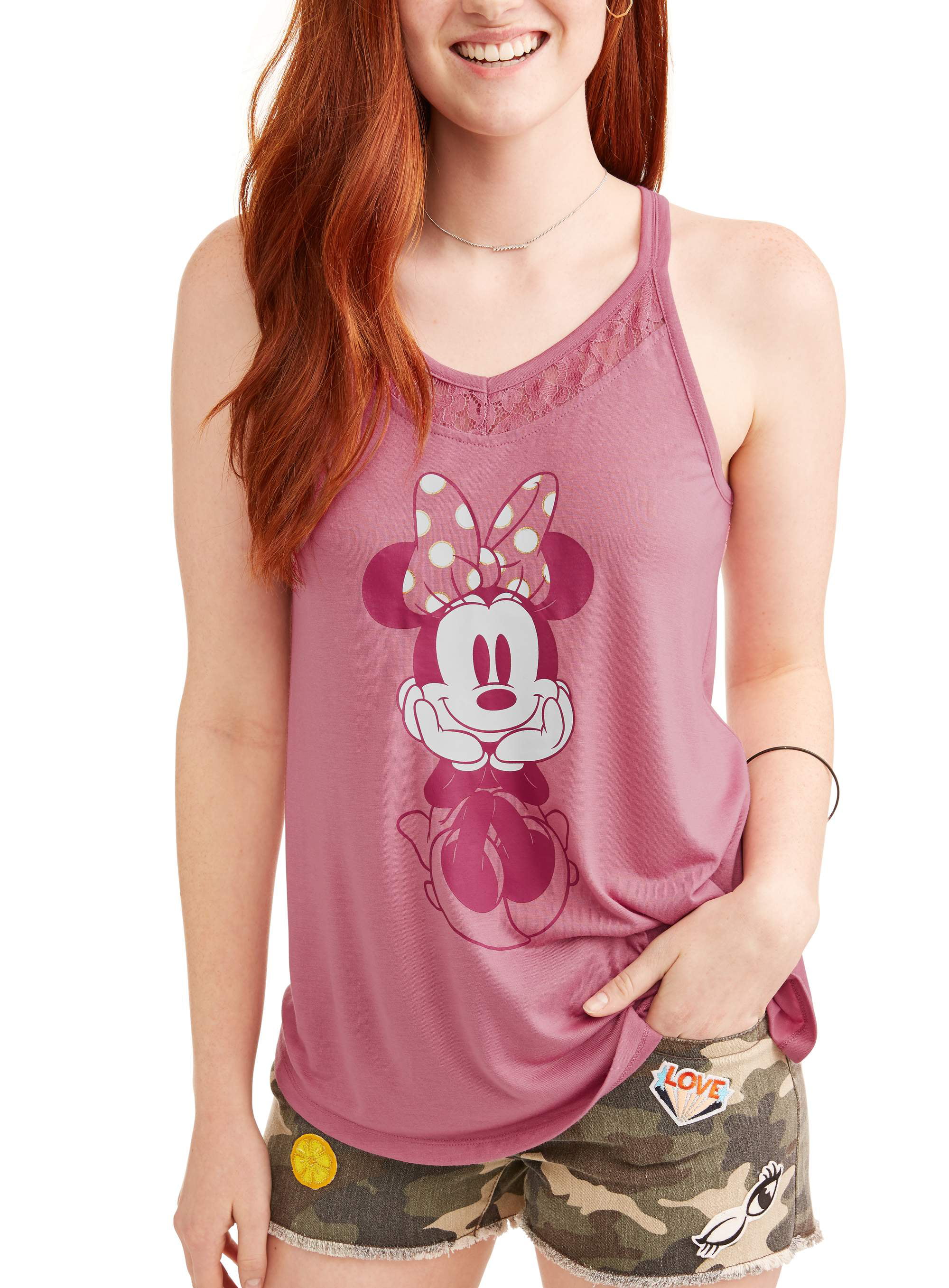 Minnie Mouse Lace Back Disney Women's Pink Tank Top-Large