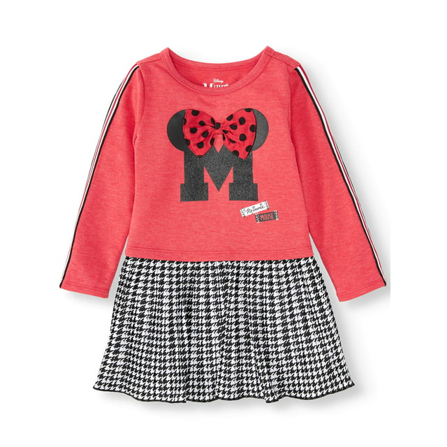 Minnie Mouse Long Sleeve Racer Stripe Dress with Plaid Pleated Skirt (Toddler Girls)