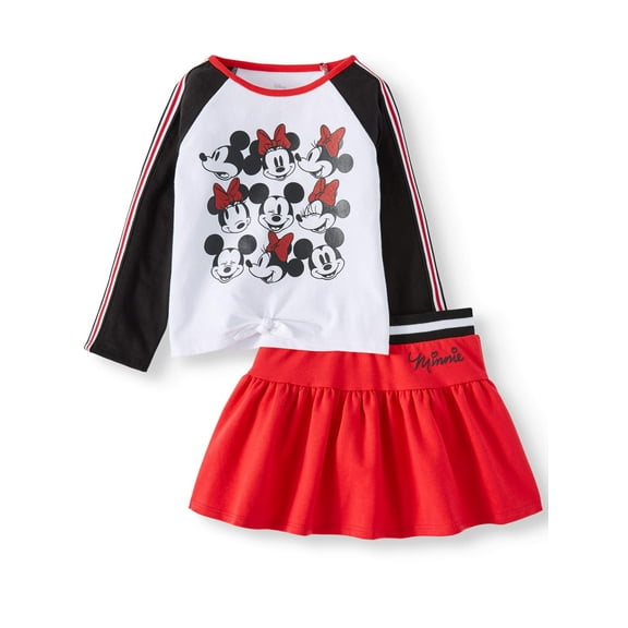 Minnie Mouse Long Sleeve Tie Front Top and Scooter Skirt, 2pc Outfit Set (Toddler Girls)