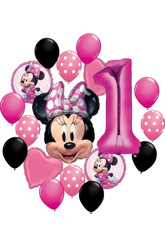 Minnie Mouse Party Supplies 1st Birthday Balloons Bundle with Character Mylar Balloons Heart Balloons and Big Number
