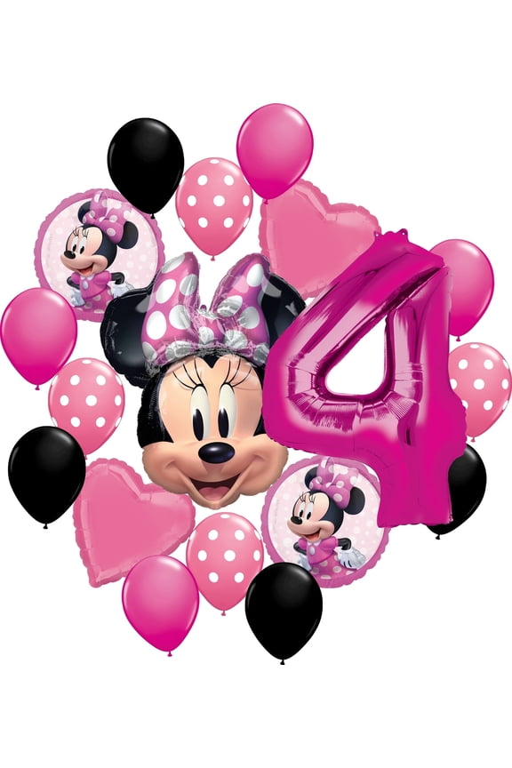 Minnie Mouse Party Supplies 4th Birthday Balloons Bundle with Character Mylar Balloons Heart Balloons and Big Number