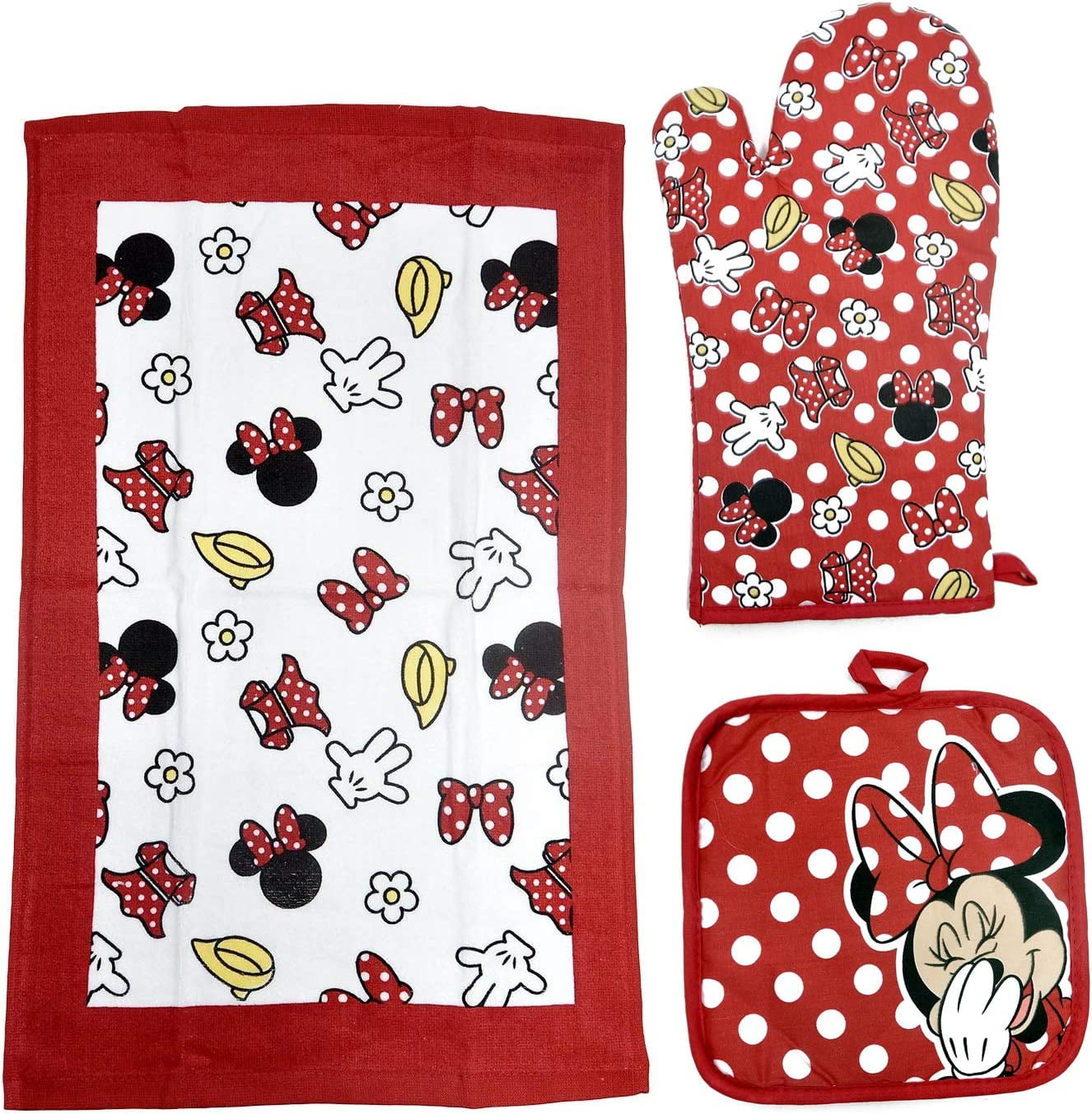 Minnie Mouse Polka Dot 3pc Kitchen Set Oven Mitt Pot Holder Dish Towel