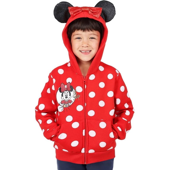 Minnie Mouse Polka Dot Portrait Zip Up Hoodie with Ribbon and Big Black Ear for Girls, X-Large