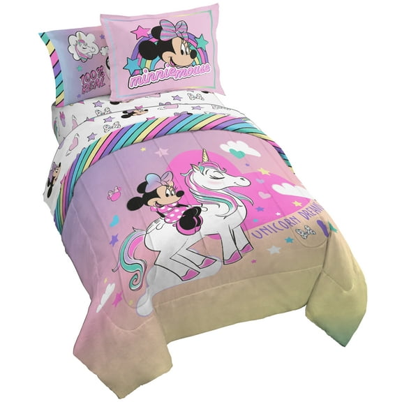 Minnie Mouse Rainbow Unicorn Dreams Kids Pink 100% Microfiber 7-Piece Bedding Set, Full