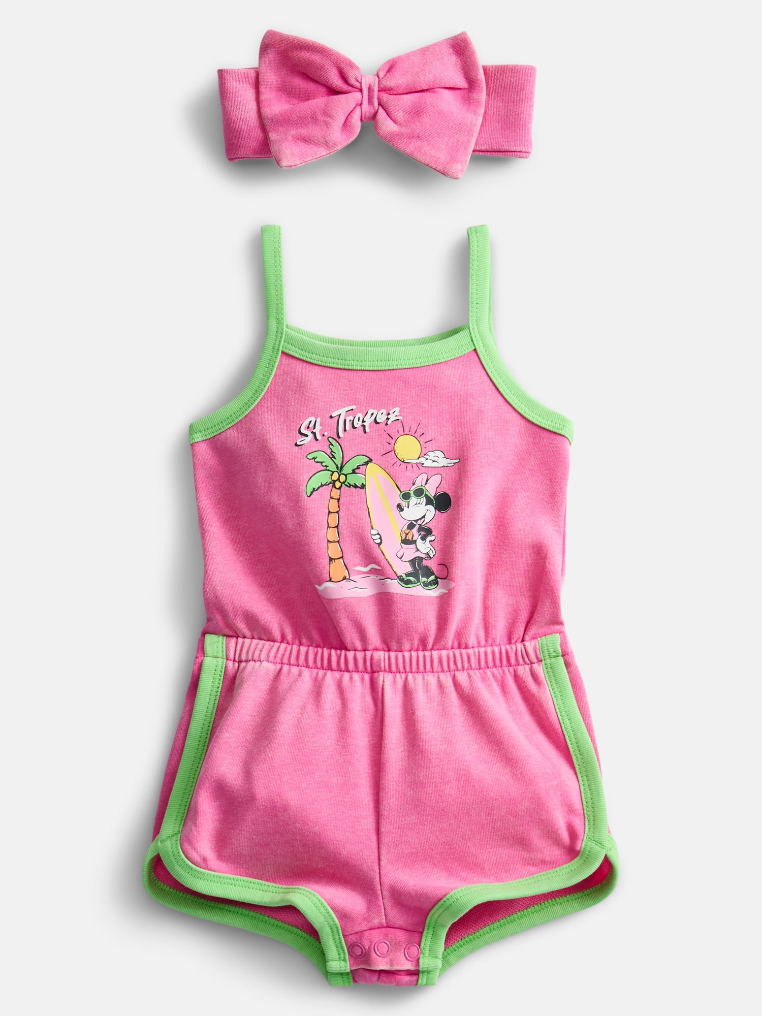 Minnie Mouse Baby Girls Sleeveless Graphic Romper with Matching Bow Headband, Sizes 0/3M-24M
