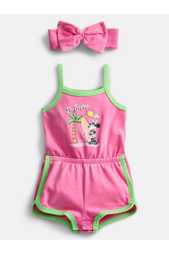 Minnie Mouse Baby Girls Sleeveless Graphic Romper with Matching Bow Headband, Sizes 0/3M-24M