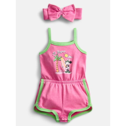Minnie Mouse Baby Girls Sleeveless Graphic Romper with Matching Bow Headband, Sizes 0/3M-24M