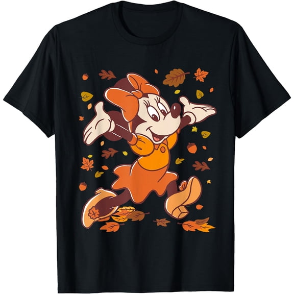 Minnie Mouse Strolling Through Autumn Leaves Fall DTG Print Unisex T-Shirt,Black Color,Size 3T