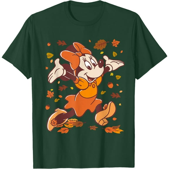 Minnie Mouse Strolling Through Autumn Leaves Fall DTG Print Unisex T-Shirt,Forest Green Color,Size YXS