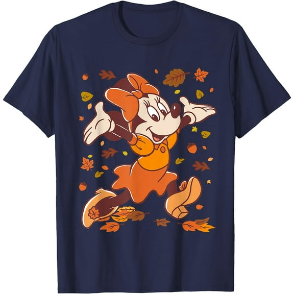 Minnie Mouse Strolling Through Autumn Leaves Fall DTG Print Unisex T-Shirt,Navy Color,Size L
