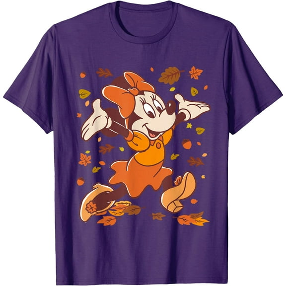 Minnie Mouse Strolling Through Autumn Leaves Fall DTG Print Unisex T-Shirt,Purple Color,Size 3T