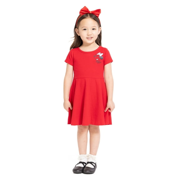 Minnie Mouse Toddler Girls Graphic Print Skater Dress with Short Sleeves, Sizes 12M-5T