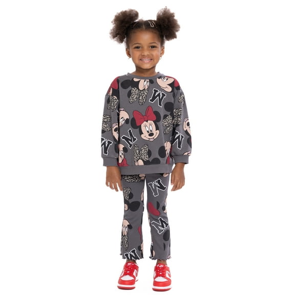 Minnie Mouse Toddler Girls Long Sleeve Allover Print Sweatshirt and Matching Flare Leggings Set, 2-Piece, Sizes 12M-5T