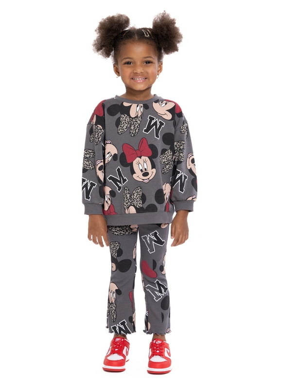 Minnie Mouse Toddler Girls Long Sleeve Allover Print Sweatshirt and Matching Flare Leggings Set, 2-Piece, Sizes 12M-5T