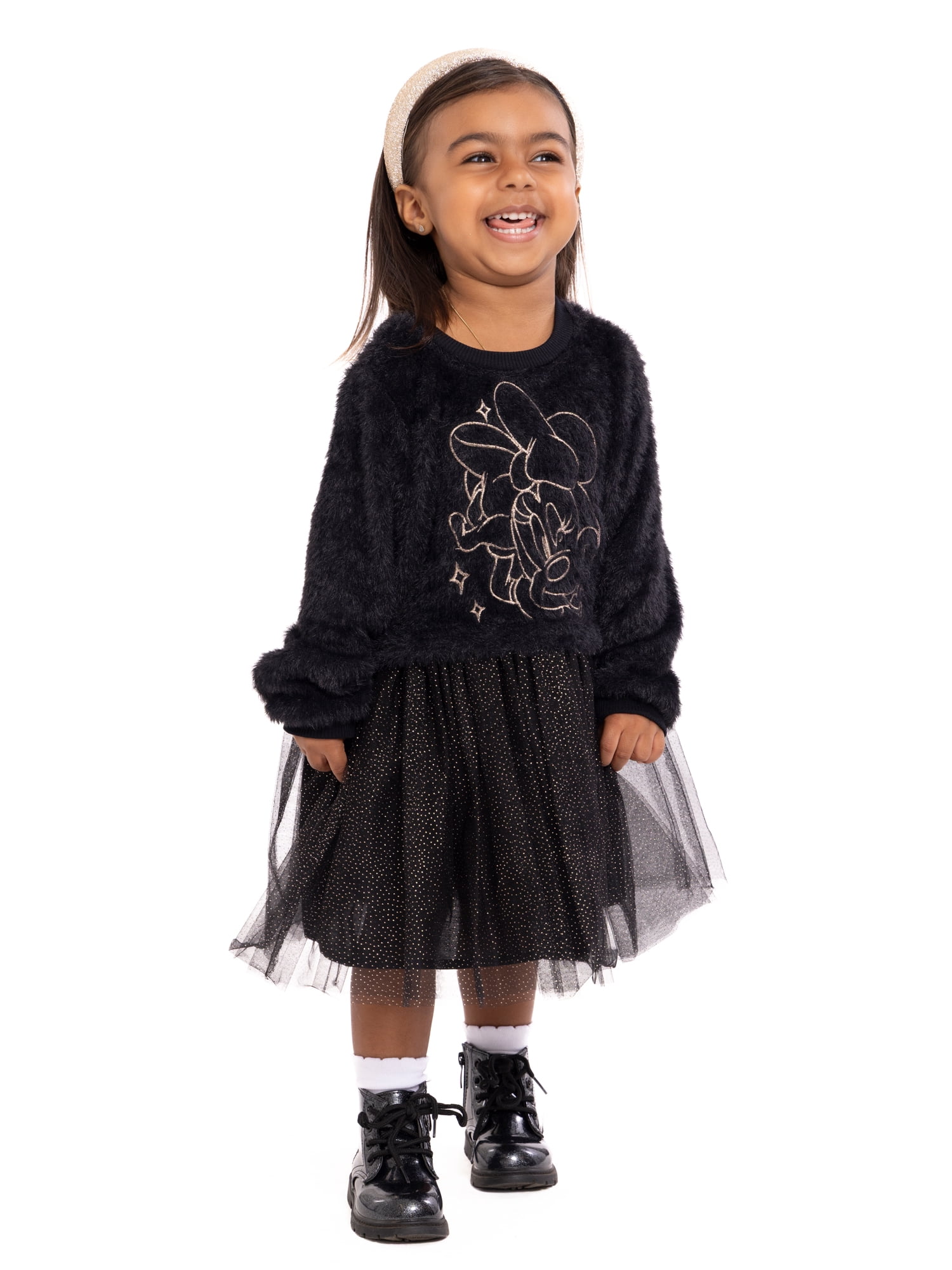 Minnie Mouse Toddler Girls Eyelash Knit Tutu Dress with Long Sleeves, Sizes 12M-5T