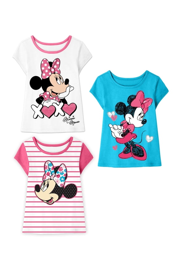 Minnie Mouse Girls T-Shirt, Toddler and Kids Clothes, White/Blue, 3 Pack