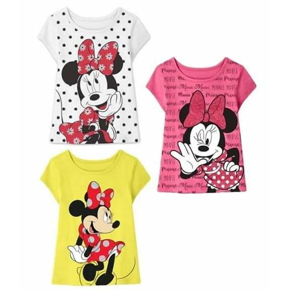 Disney Minnie Mouse Girls T-Shirt, Toddler and Kids Clothes, White/Fuchsia/Yellow, 3 Pack