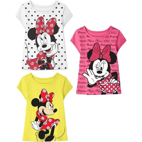Disney Minnie Mouse Girls T-Shirt, Toddler and Kids Clothes, White/Fuchsia/Yellow, 3 Pack