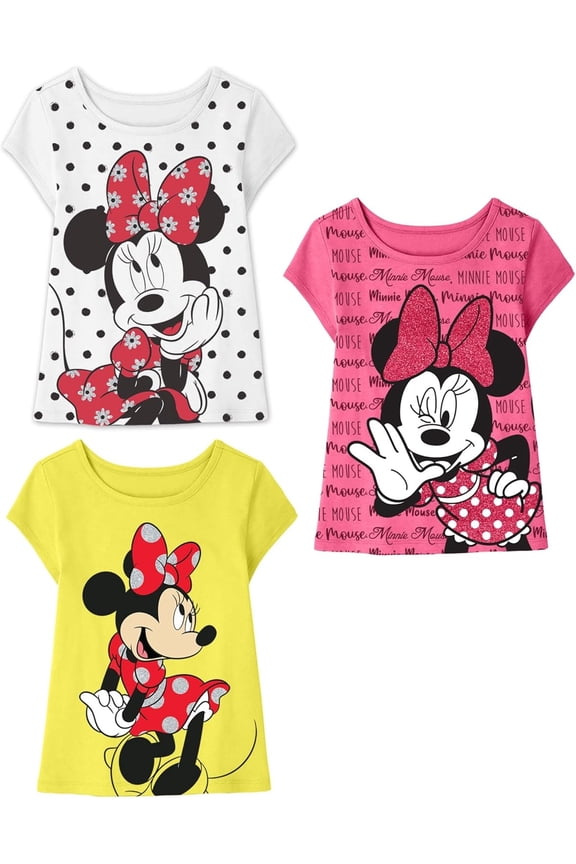 Minnie Mouse Girls T-Shirt, Toddler and Kids Clothes, White/Fuchsia/Yellow, 3 Pack