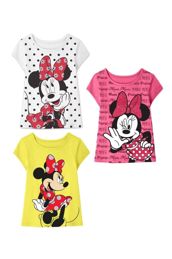 Minnie Mouse Girls T-Shirt, Toddler and Kids Clothes, White/Fuchsia/Yellow, 3 Pack