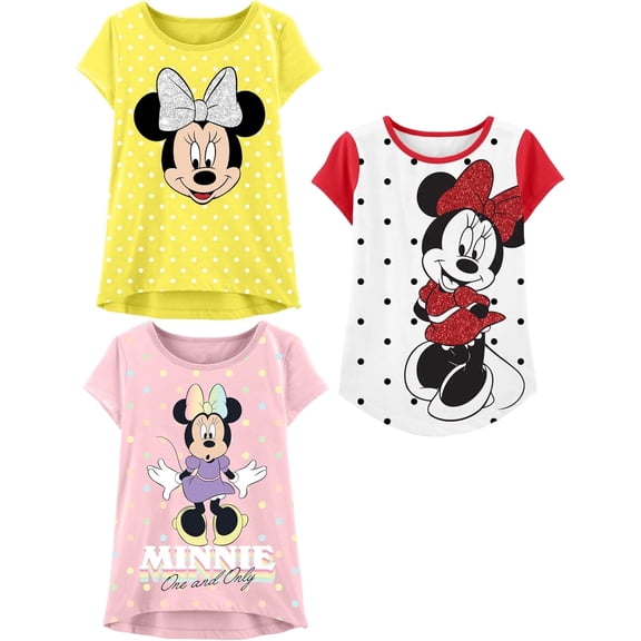Disney Minnie Mouse Girls T-Shirt, Toddler and Kids Clothes, Yellow/White/Pink, 3 Pack