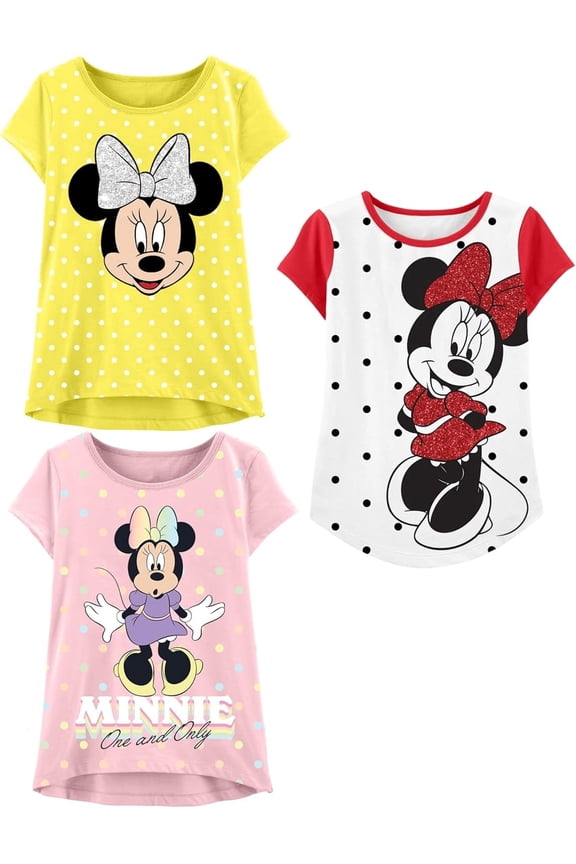 Minnie Mouse Girls T-Shirt, Toddler and Kids Clothes, Yellow/White/Pink, 3 Pack