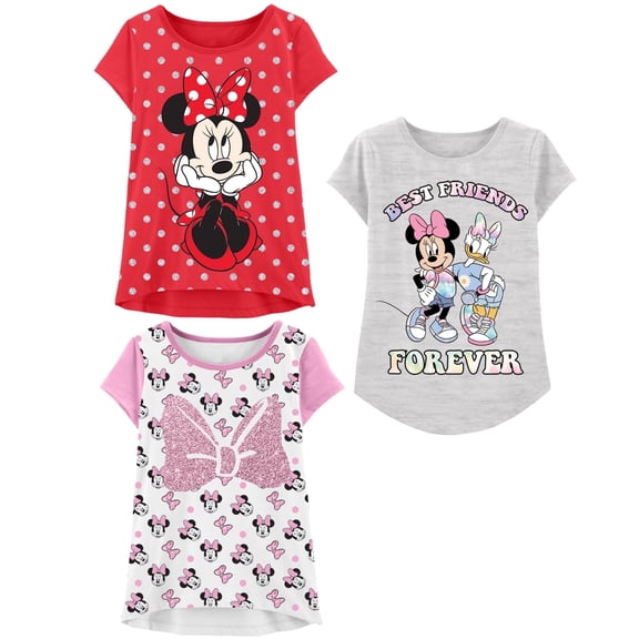 Disney Minnie Mouse Girls T-Shirt, Toddler and Kids Clothes, Red/Gray/White, 3 Pack