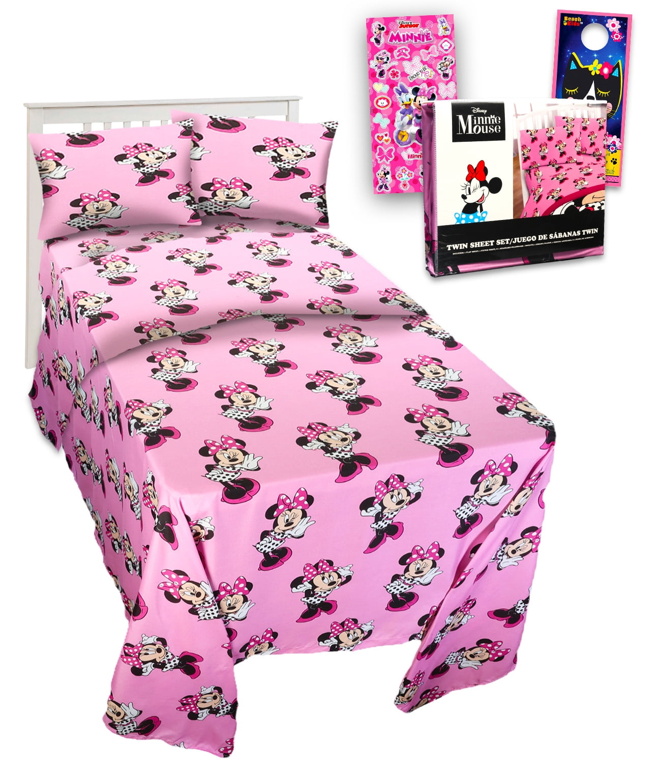 Minnie Mouse Twin Bedding Set for Toddlers - Bundle Includes Minnie Mouse Sheets with Flat Sheet, Fitted Sheet, and Pillowcase for Twin Bed Plus Stickers, More | Minnie Mouse Bedroom Decor